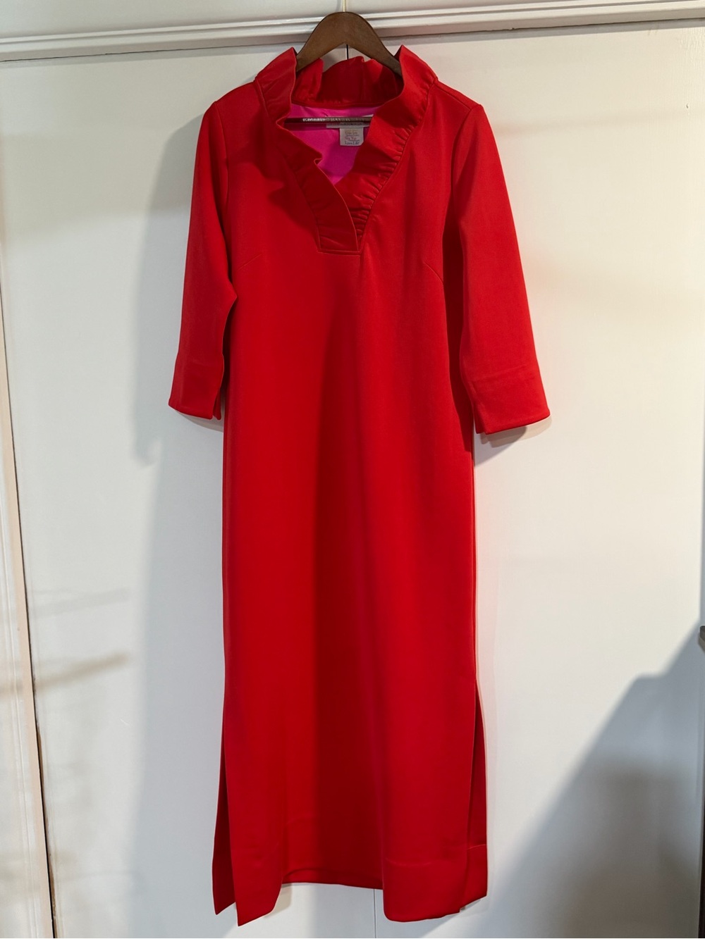 Gretchen Scott Designs Red/Pink Ruffle V-Neck Midi Dress XL NWT - Picture 3 of 14